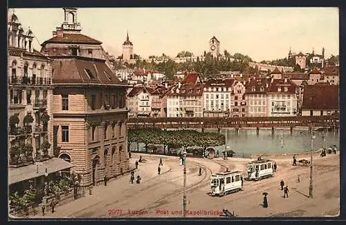 AK Luzern, Post und Kapellbrücke mit Strassenbahn