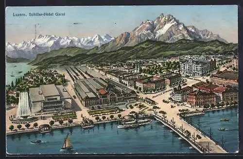 Künstler-AK Luzern, Schiller-Hotel Garni mit Englischem Garten, Pilatus-Strasse und Sehpacher-Strasse