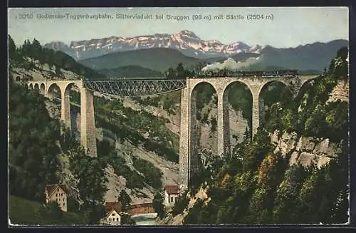 AK Bruggen, Sitterviadukt mit Bodensee-Toggenburgbahn und Säntis