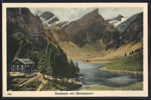 AK Wasserauen, Gasthaus am Seealpsee mit Säntismassiv