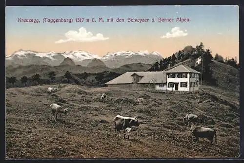 AK Kreuzegg /Toggenburg, Hotel mit den Schwyzer und Berner Alpen