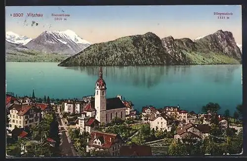 AK Vitznau, Teilansicht mit Kirche, Stanserhorn und Bürgenstock