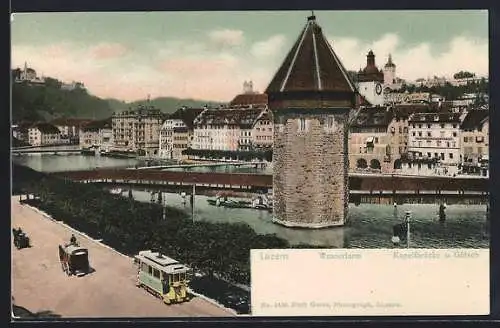 AK Luzern, Wasserturm, Strassenbahn und Kapellbrücke u. Gütsch