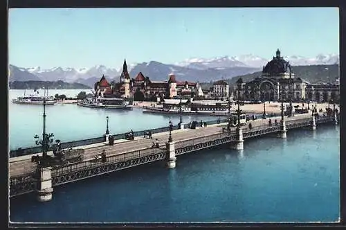 AK Luzern, Seebrücke, Bahnhof und Friedensmuseum