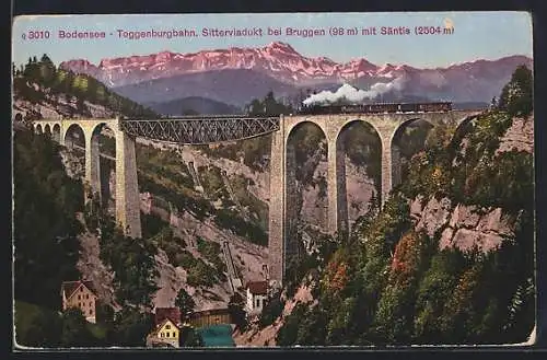 AK Bruggen, Bodensee-Toggenburgbahn auf Sitterviadukt mit Säntis