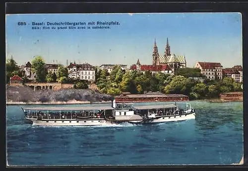 AK Basel, Binnenschiff passiert Deutschrittergarten und Rheinpfalz