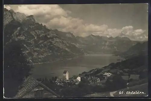 AK Obstalden, Ortsansicht mit Berg- und Seepanorama