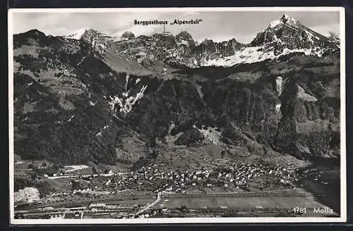 AK Mollis, Ortsansicht mit Bergpanorama und Berggasthaus Alpenrösli