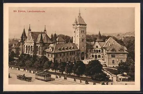 AK Zürich, Strassenbahn u. Kutsche am Landesmuseum