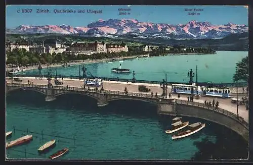 AK Zürich, Quaibrücke mit Strassenbahnen und Utoquai