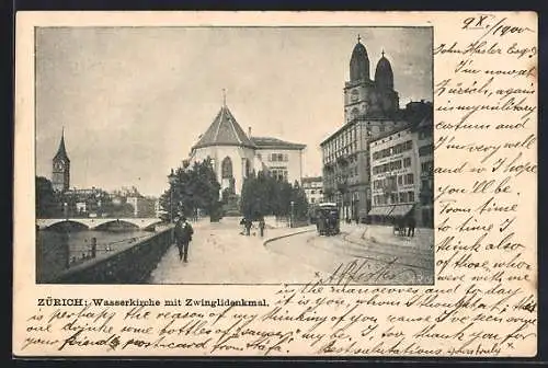 AK Zürich, Wasserkirche mit Zwinglidenkmal