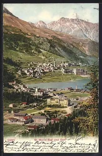 AK St. Moritz-Bad, Ortsansicht mit Dorf und See