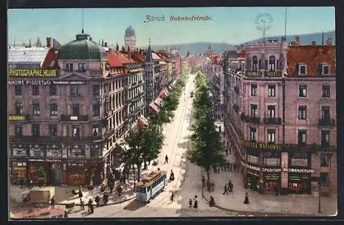 AK Zürich, Bahnhofstrasse mit Strassenbahn