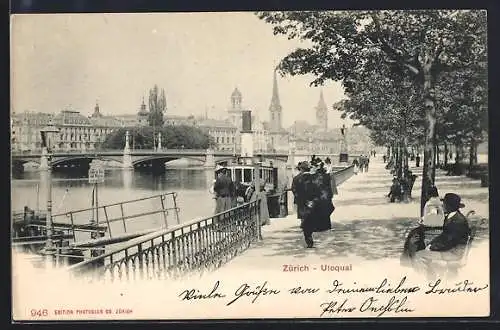 AK Zürich, Utoquai mit Dampfer und Passanten