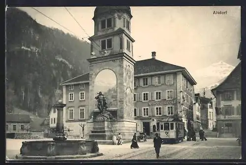 AK Altdorf, Restaurant A. Jütz-Regli mit Denkmal und Strassenbahn