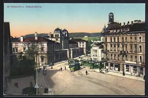 AK Winterthur, Bahnhofplatz mit Geschäften und Strassenbahn