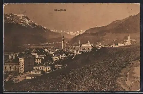 AK Samaden, Ortsansicht mit verschneiten Bergen