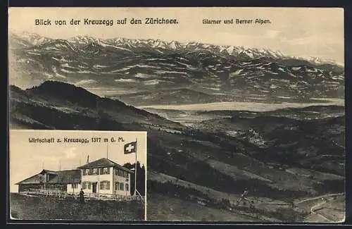 AK Kreuzegg, Blick auf den Zürichsee und Wirtschaft z. Kreuzegg