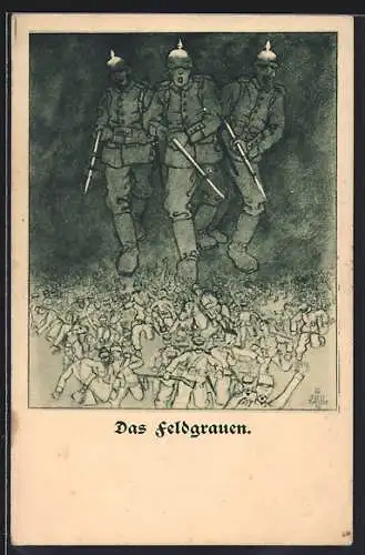 AK Deutsche Soldaten mit Pickelhaube stapfen über das Schlachtfeld