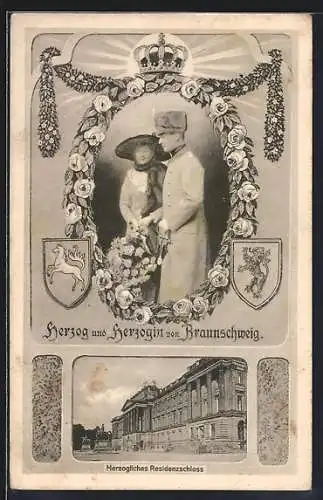 AK Herzog & Herzogin von Braunschweig, Herzogliches Residenzschloss, Wappen, Krone