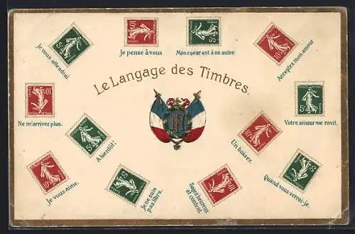 AK Briefmarkensprache, A beintôt!, Un baiser, Je vous aime