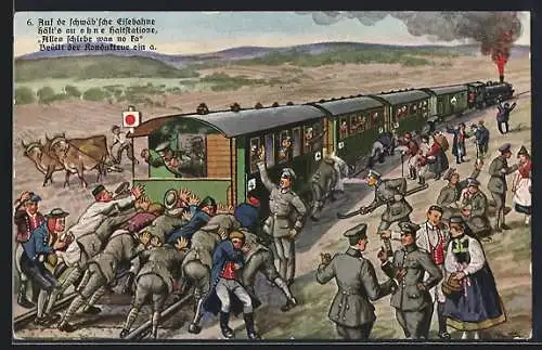 Künstler-AK Soldaten schieben schwäbische Eisenbahn an