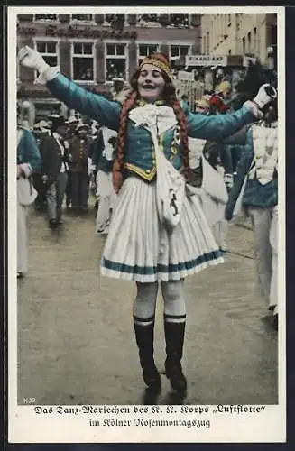 AK Köln, Tanz-Mariechen des K. K. Korps Luftflotte, Karnevals-Rosenmontagszug