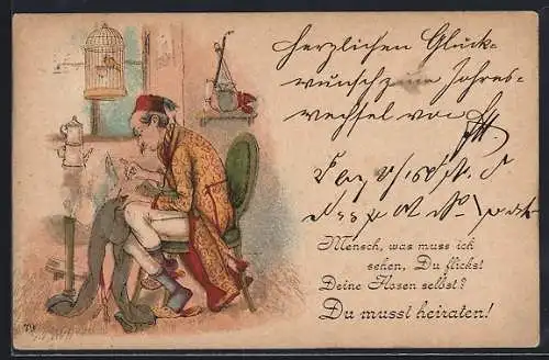 Vorläufer-Lithographie Mann flickt seine Hose selbst - er muss unverheiratet sein, 1894