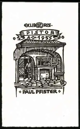 Exlibris Paul Pfister, Bäcker vor Backstube stehend