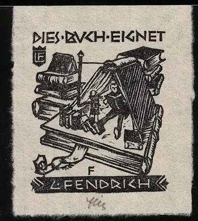 Exlibris Fendrich, Herr liest ein Buch in einer Buchbehausung