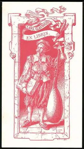 Exlibris Carl Claudius, Musiker mit Laute höfisch gekleidet, rot