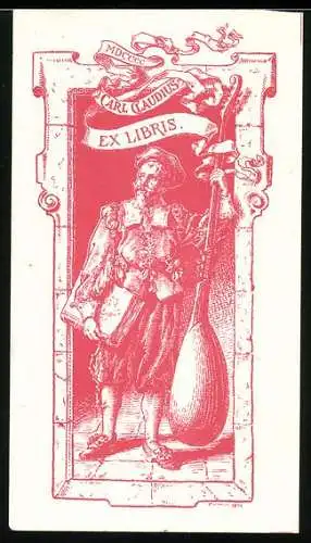 Exlibris Carl Claudius, Musiker mit Laute höfisch gekleidet, rot