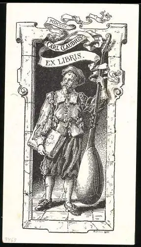 Exlibris Carl Claudius, Musiker mit Laute höfisch gekleidet, schwarz