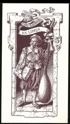 Exlibris Carl Claudius, Musiker mit Laute höfisch gekleidet, grau