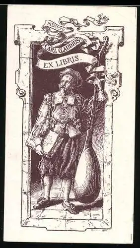 Exlibris Carl Claudius, Musiker mit Laute höfisch gekleidet, grau