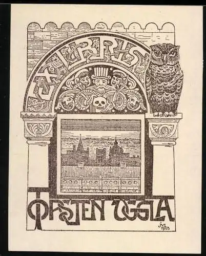 Exlibris Torsten Oggla, Eule sitzt neben Herr mit Schädel / Totenkopf, Stadtsilhouette