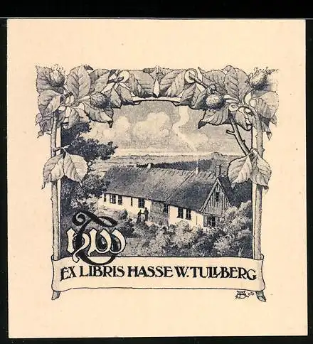 Exlibris Hasse W. Tullberg, Bauerngehöft von Hopfen eingerahmt