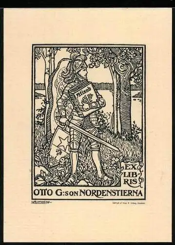 Exlibris Otto G. Son Nordenstierna, Ritter schützt Buch Atland