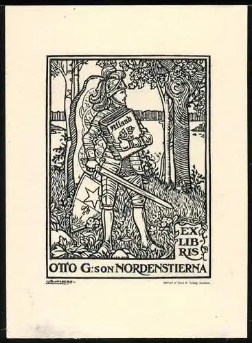 Exlibris Otto G. Son Nordenstierna, Ritter schützt Buch Atland