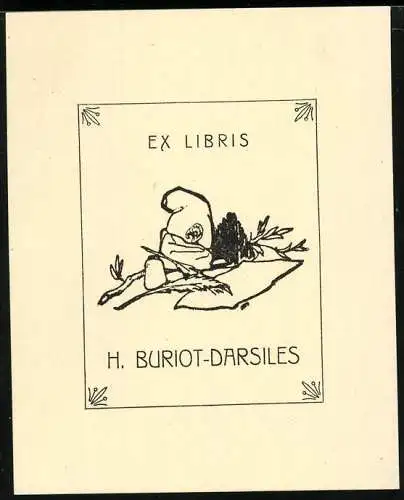 Exlibris H. Buriot-Darsiles, Felsformation und Feder