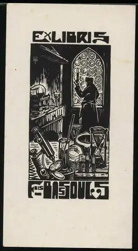 Exlibris Fris Rassouls, Chemiker bei der Arbeit in seinem Labor, Mikroskop, Sanduhr, Kolben u.a.