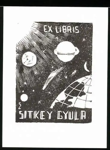 Exlibris von Z. Sos für Sitkey Gyula, Teil des Sonnensystem's, Erde, Saturn, Sonne, Komet