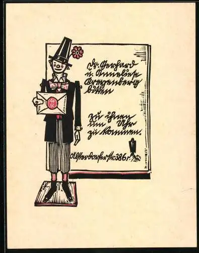 Exlibris Clownsfigur hält Briefumschlag in der Hand