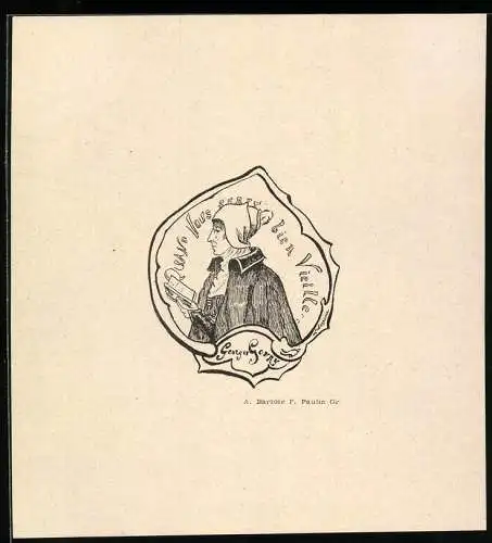 Exlibris Goury Georges, Dame mit Haube liest ein Buch