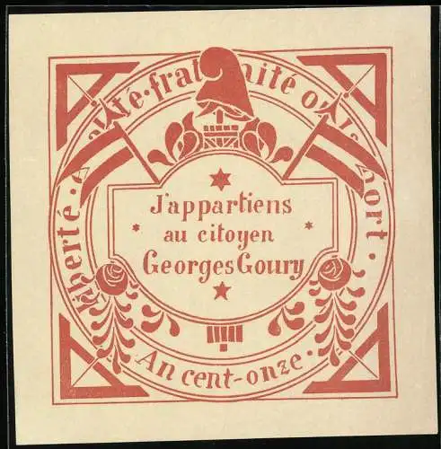 Exlibris Georges Goury, Wappen mit Mütze & Ornamenten