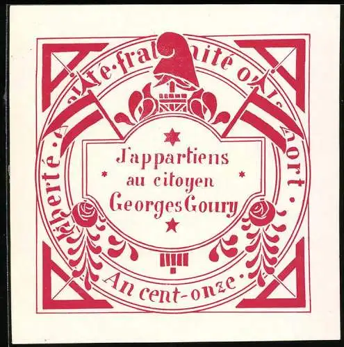 Exlibris Georges Goury, Wappen mit Mütze & Ornamenten