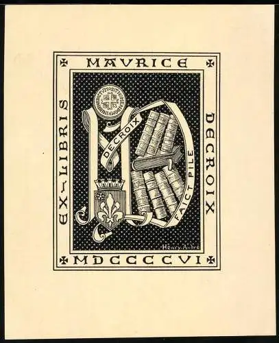 Exlibris von Henry Andre für Maurice Decroix, Bücher, Wappen & Siegel