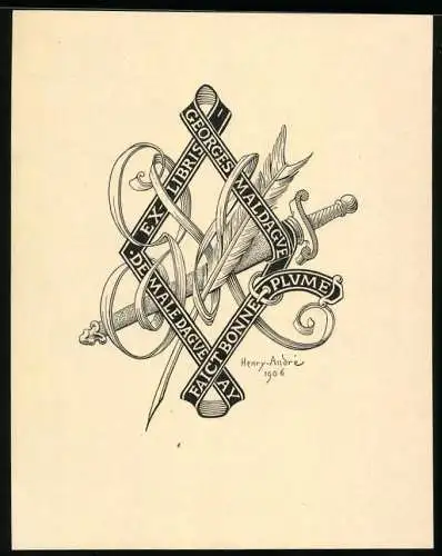 Exlibris von Henry Andre für Georges Maldague, Schwert & Schreibfeder