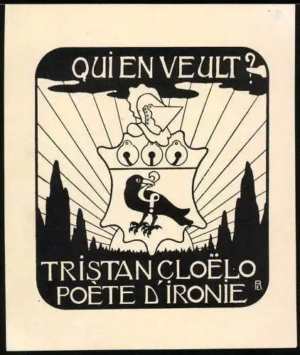 Exlibris Tristan Cloelo, Poete D'Ironie, Wappen mit Ritterhelm & Rabe