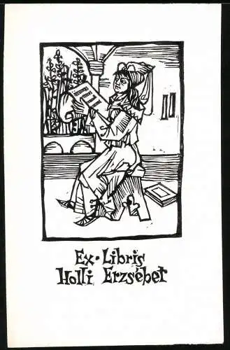 Exlibris Holli Erzsebet, Dame höfisch gekleidet liest ein Schriftstück